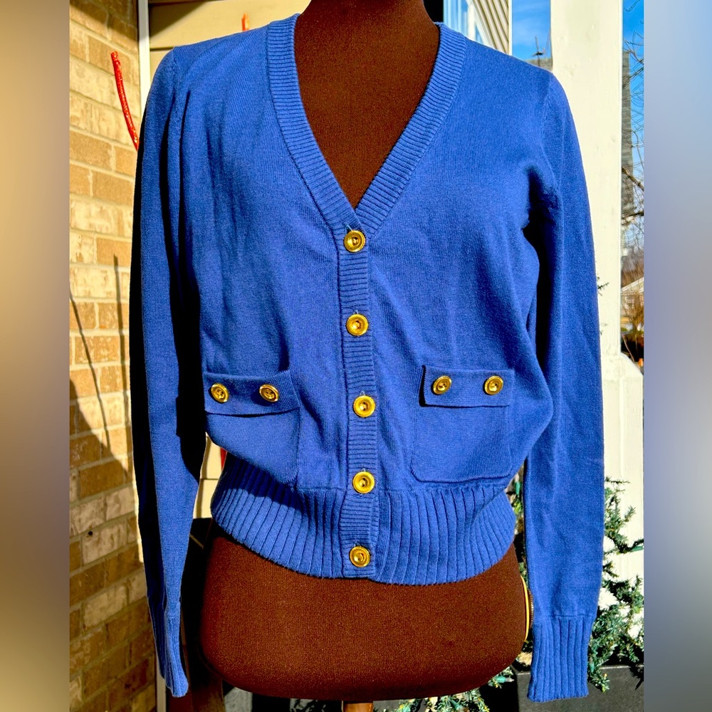 CAbi sXS slightly cropped cardigan-cobalt blue-gold tone buttons-cotton/cashmere